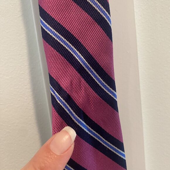 Jos. A. Bank 100% Silk Repp Tie Pink Navy White Striped Power Tie - Picture 10 of 10